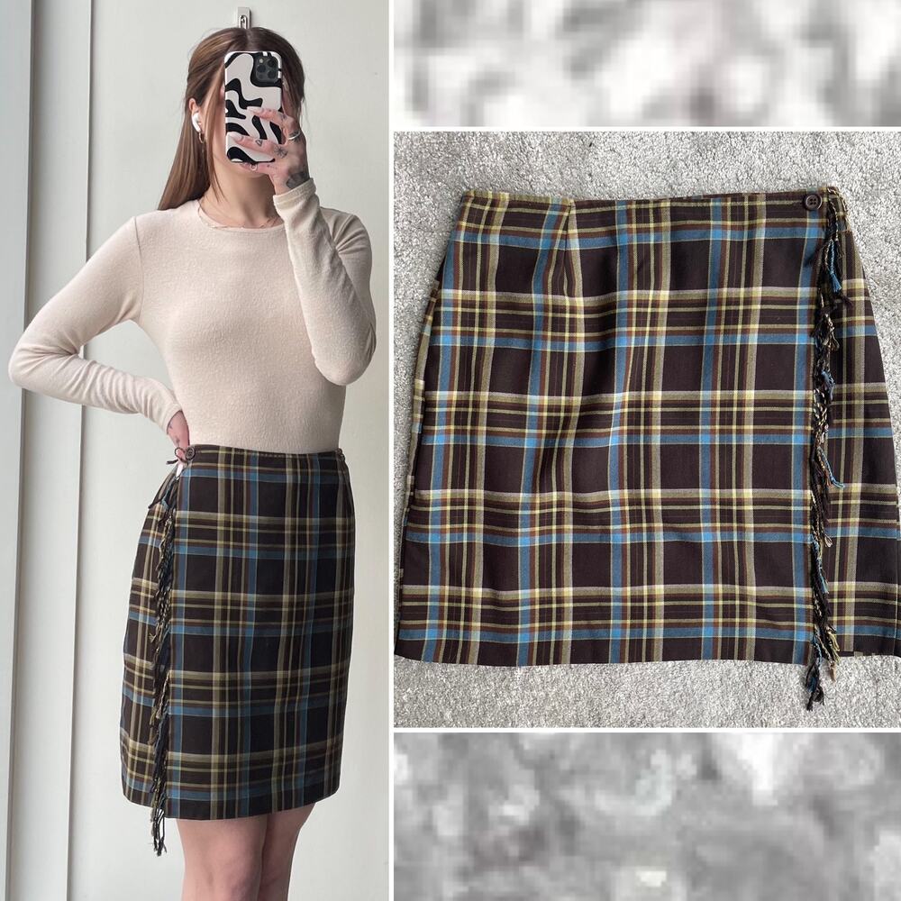 Vintage Brown Plaid Wrap Skirt Fringe Academia Preppy Indie - Size 12P